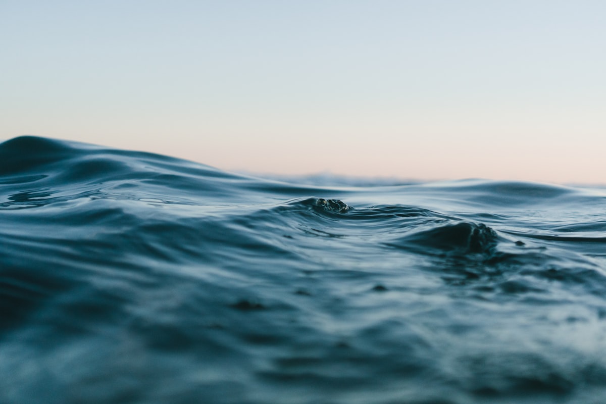 Close-up of a calm ocean surface, water rippling at eye level against a pale sky