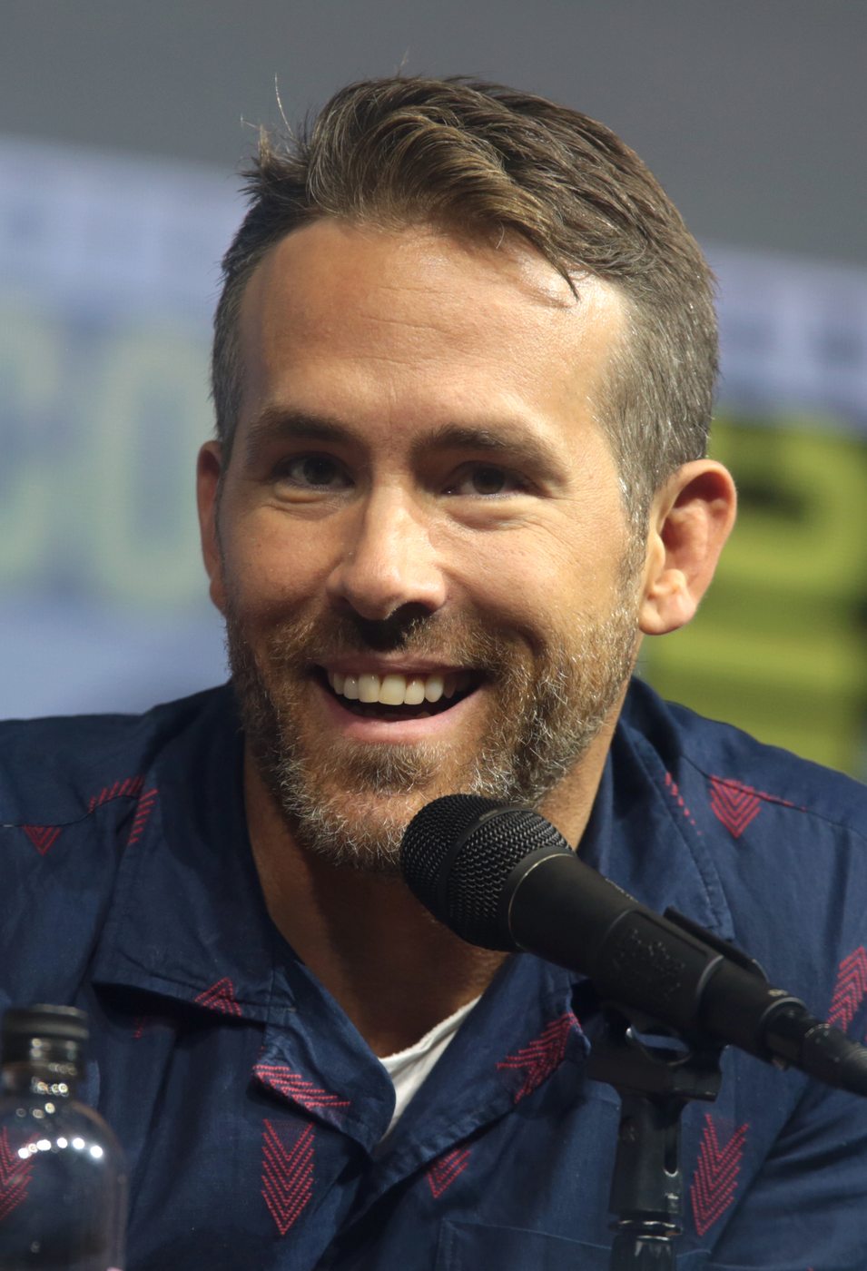 Ryan Reynolds smiling at a press panel, speaking into a microphone.