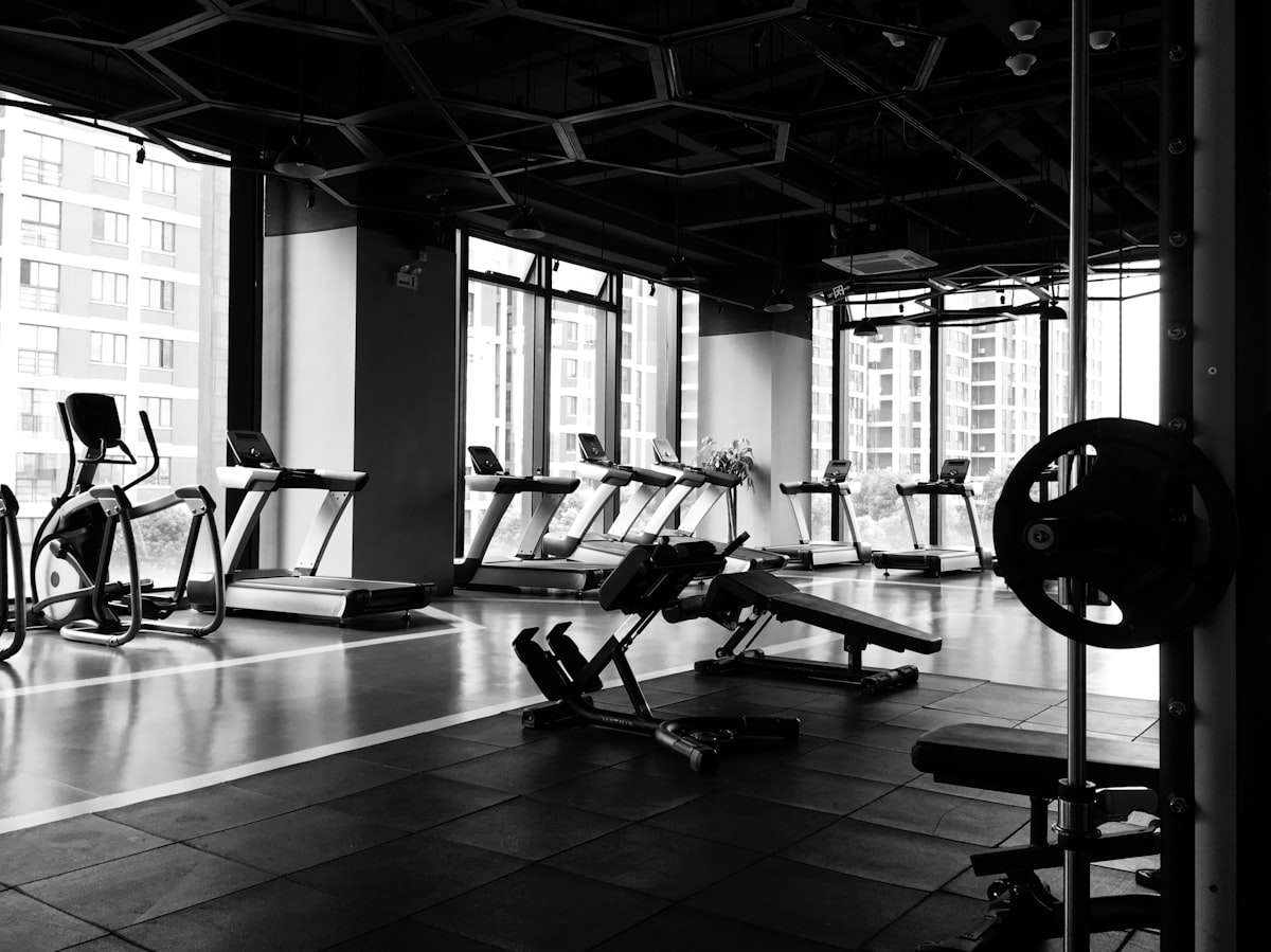 A bright, empty gym floor with rows of unused treadmills and ellipticals lit by floor-to-ceiling windows